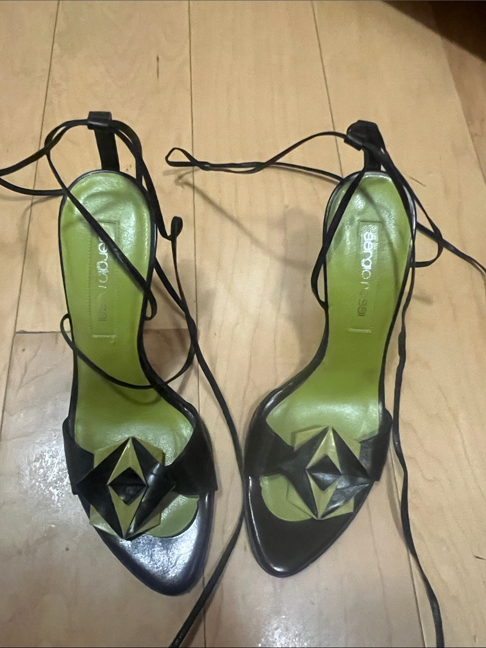 Sergio Rossi Black Lace-Up Heels with Green Insole